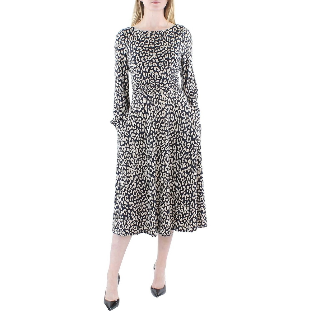 Jessica‎ Howard Women's Black Lined Leopard-Print Ruched Midi Dress Size 10 NEW